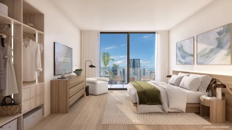 Bedroom at Natiivo Fort Lauderdale condo featuring modern interior design, large windows, and downtown city views