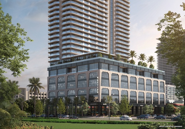 Ground-level view of Natiivo Fort Lauderdale showcasing modern entrance and street-level architecture