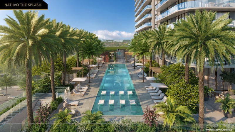 Rooftop pool at Natiivo Fort Lauderdale condos overlooking the downtown skyline and Atlantic Ocean