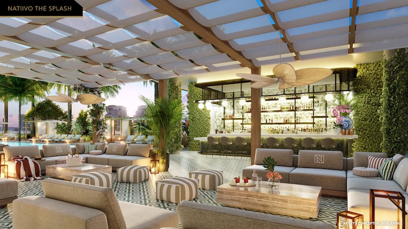 The Splash patio bar at Natiivo Fort Lauderdale, featuring a luxury outdoor lounge and social space for residents